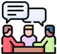 brainstorming 3 people sitting at a table with word clouds above their heads