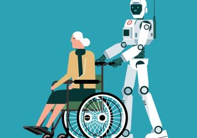 A robot pushing wheelchair with senior people