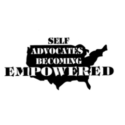 The SABE Logo - A silhoutte of the United States with the words Self Advocates Becoming Empowered across the silhouette.