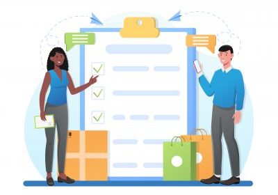 Male and female characters are filling in shopping checklist together
